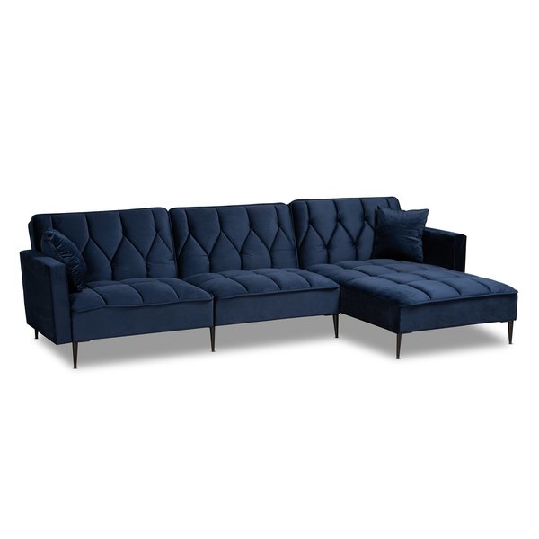 Baxton Studio Galena Contemporary Navy Blue Velvet and Black Metal Sectional Sofa with Right Facing Chaise 182-11669-Zoro